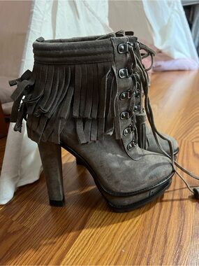 Brian Atwood Taupe Suede Fringe Lace-Up Platform Ankle Boots